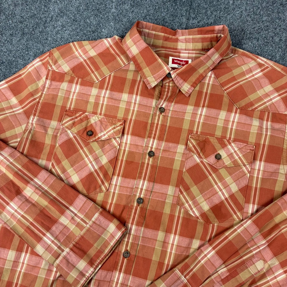 Wrangler Mens Western Plaid Button Down Shirt‎ Orange Tan Long Sleeve XL